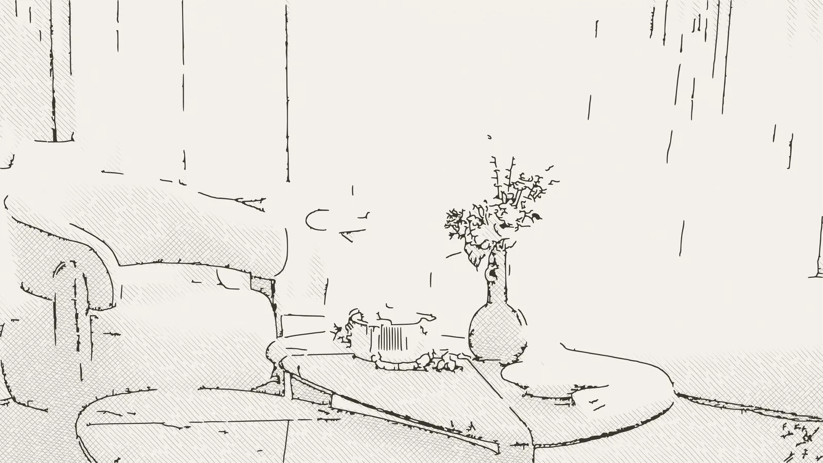 The same room as a sketch, in pencil on cream paper