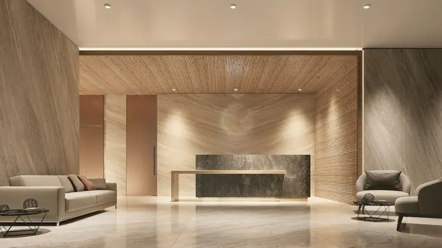 Hotel lobby in wood and stone