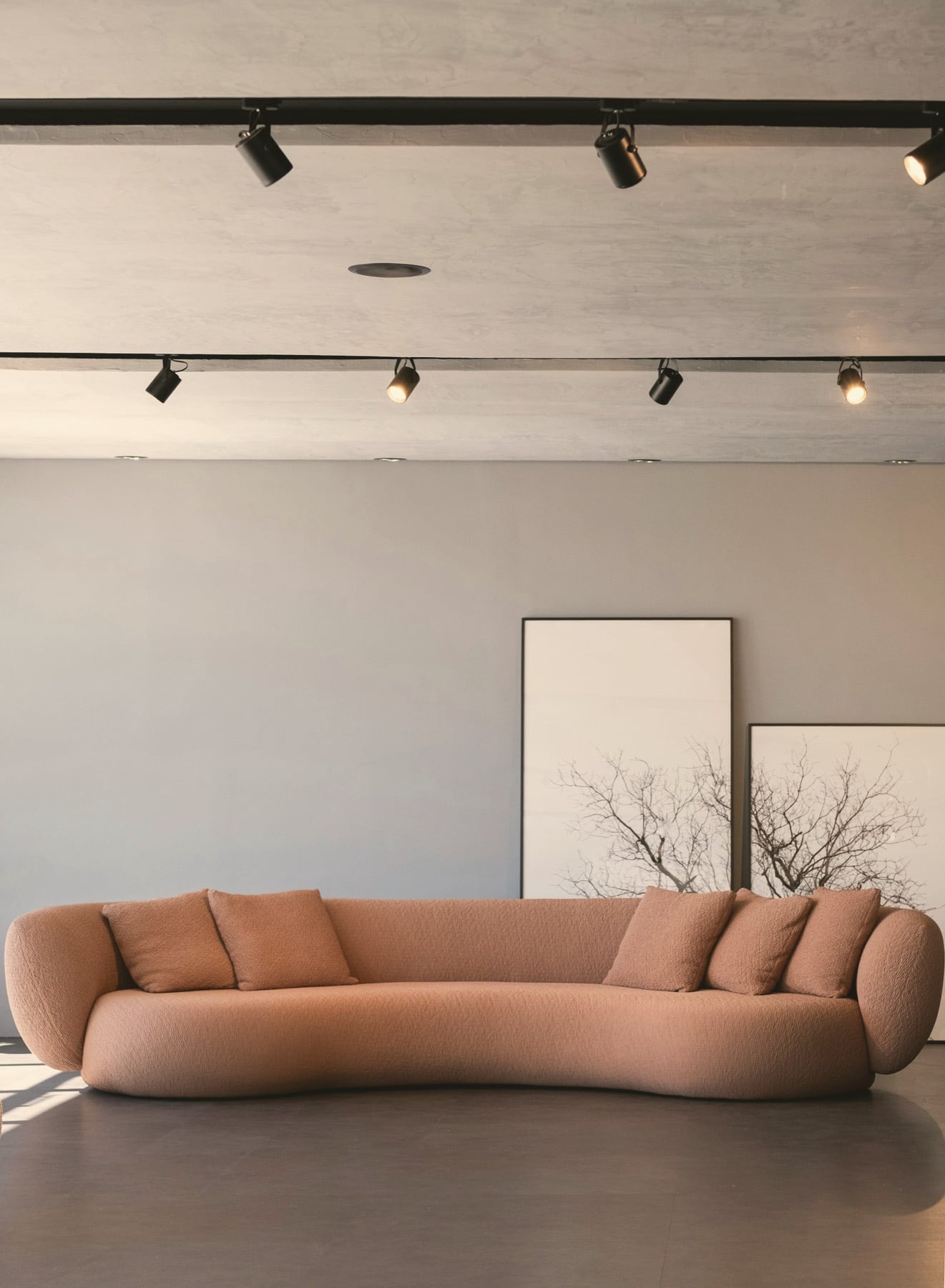 Showroom épuré : canapé courbe terracotta sous rail de spots