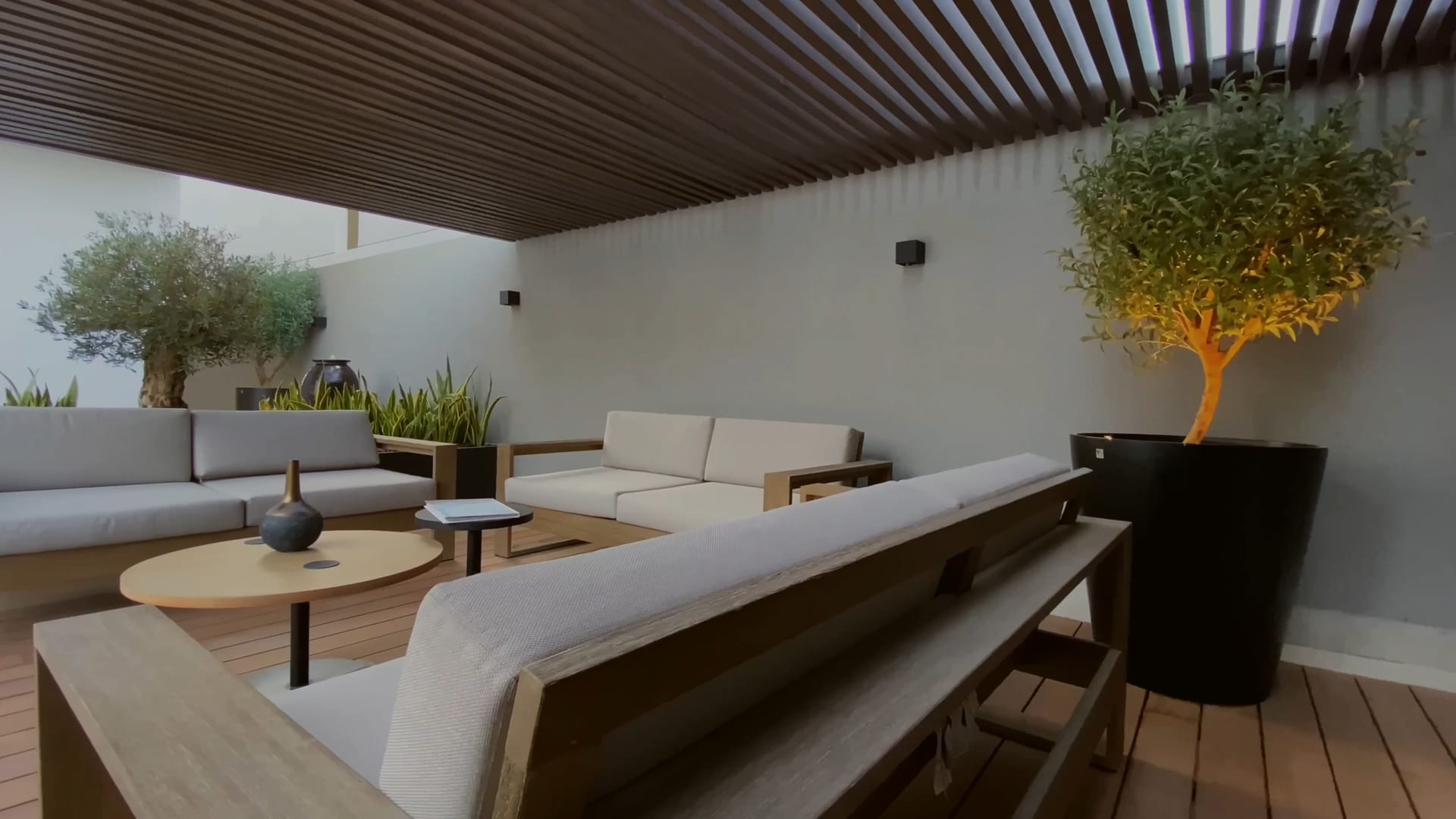 Hotel lounge under a timber pergola, pale sofas and a potted olive tree, late in the day